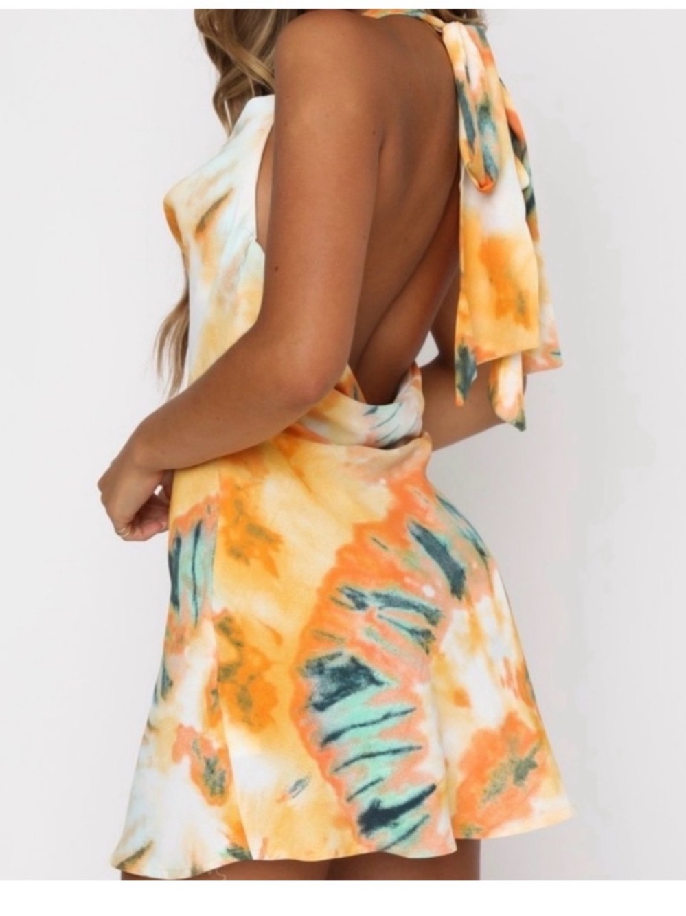 Wild fox Tie-Back Summer Mini Dress in Orange Tie-Dye cowl neck